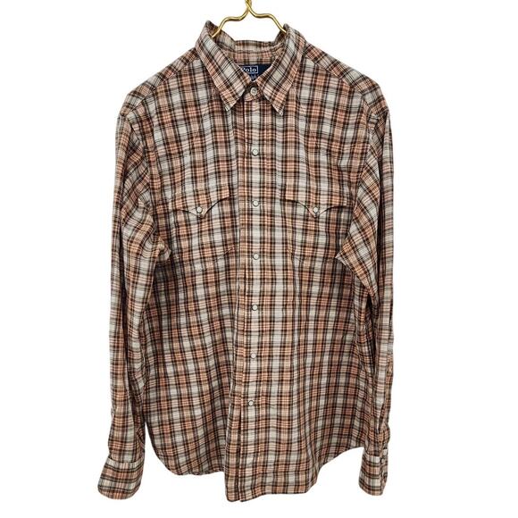 Men's Polo Ralph Lauren Vintage Brown Pearl Snap Button UP Shirt‎ Size Large - Picture 1 of 8